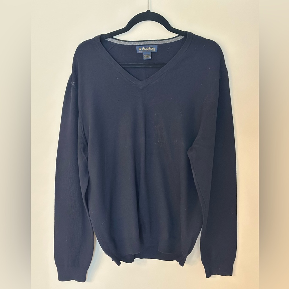 Brooks Brothers Men's Navy Extra Fine Italian Merino Wool Blend V-neck Sweater L
